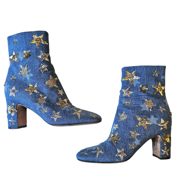 Valentino Garavani Blue Denim Sequin and Embroidered Stars Ankle Boots